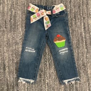 Girls custom made jeans .. size 2T cupcake patches and ribbon belt